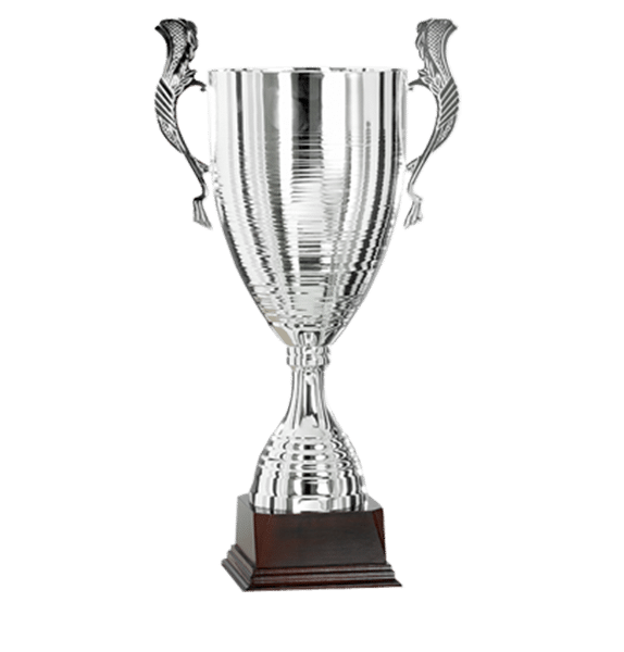 Stor silverfärgad pokal med handtag och träsockel