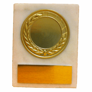 Marmorplakett med kransjetong i metall, guld silver brons 54x75mm
